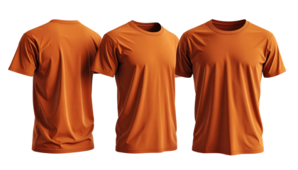 Displaying an isolated orange colored short-sleeve clothing item with three separate views showcasing the front, back, and side profile details, presented against a stark black background for a clean.
