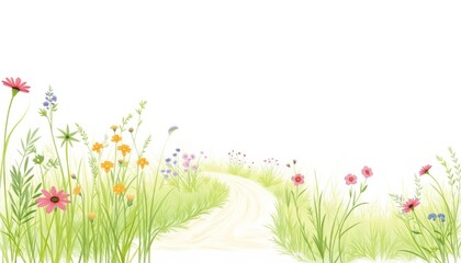 Flowery pathway winding through colorful grass in a spring landscape  