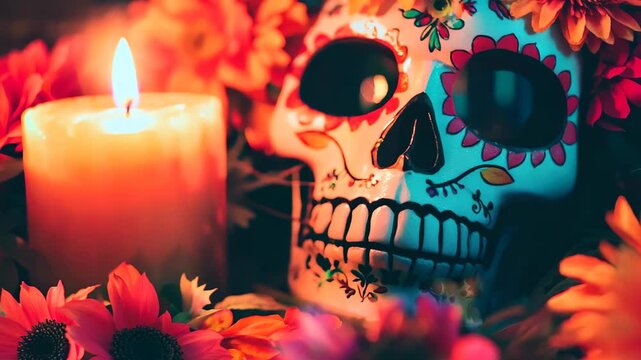 Colorful Sugar Skull with Candle and Flowers for Celebration
