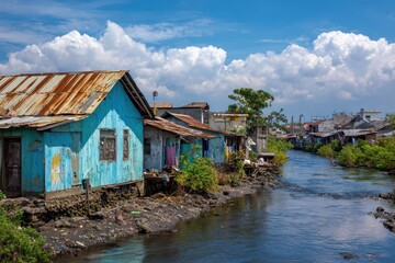 Indonesia Poverty: North River Shantytown with Tin Sheet Houses under Blue Sky