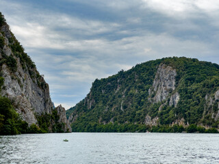 A stunning view of the narrowest and most dramatic section of the Danube Gorges, known as Cazanele Dunării (Danube's Boilers).