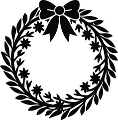 Fototapeta premium Minimal Christmas wreath silhouette with ribbon and festive details. Perfect for holiday cards, logos, decorations, and seasonal design projects. Clean single-color vector illustration.