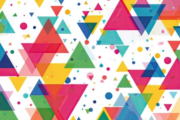 Colorful abstract art, featuring overlapping translucent triangles and circles on a white background