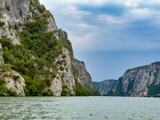 A stunning view of the narrowest and most dramatic section of the Danube Gorges, known as Cazanele Dunării (Danube's Boilers).