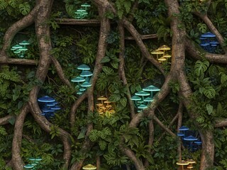 Fototapeta premium glowing mushrooms among tree roots 