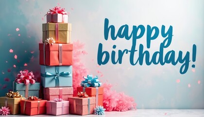 Bright gift boxes with bows, ribbons stacked. Many colorful presents placed on table. Pink floral elements, confetti fall. Clear blue Happy birthday. message on clean white background. Image conveys