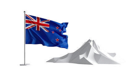 A vibrant blue flag with white and red emblem flutters in the wind beside a stylized, white mountain range, set against a deep black background, creating a dramatic and simple visual composition,...