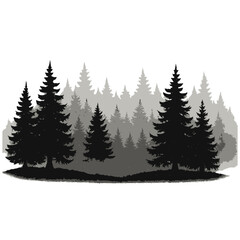 Silhouette illustration of a dense pine forest with layered trees in black and gray tones.