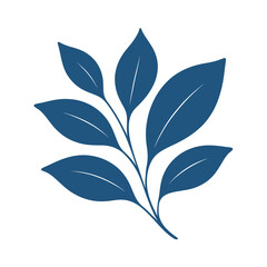 Minimalist illustration of a blue leafy branch with elegant curves and simple vein details.