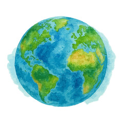 Watercolor illustration of Earth with continents and oceans, symbolizing nature, environment, and global unity.