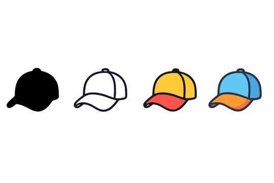 Baseball Cap Icons. Vector icon baseball cap same pose same proportions four styles black solid glyph outline minimal flat multicolor filled cartoon flat