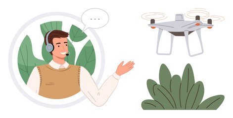 Man wearing headset communicating, hand gesture, flying quadcopter nearby, greenery backdrop. Ideal for technology, remote control, customer service, innovation, communication teamwork futuristic