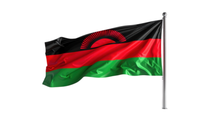 A flag with distinct black, red, and green horizontal stripes is displayed with a prominent sun emblem, waving on a metallic pole, showcasing vibrant colors against a stark black backdrop with a...
