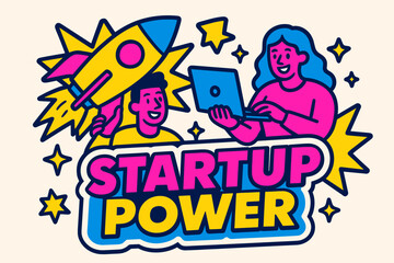 Startup Power Explosion. Startup Power banner, flat vector illustration, bold oversized text inside sticker outline, cartoon characters holding rocket and