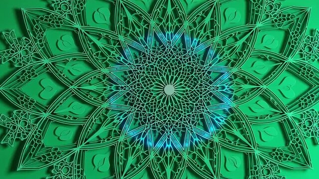 Intricate green mandala pattern with glowing blue center, symbolizing harmony and spiritual design