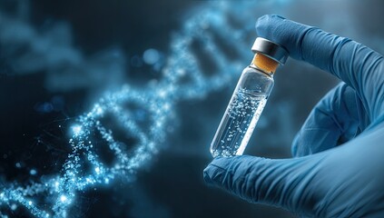 A gloved hand holds a vaccine vial against a glowing, abstract, double helix DNA strand
