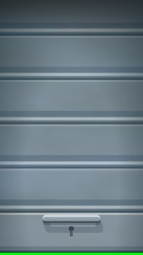 Animation of opening and closing a gray metallic shop shutter with its slats and handle on a green screen (portrait)