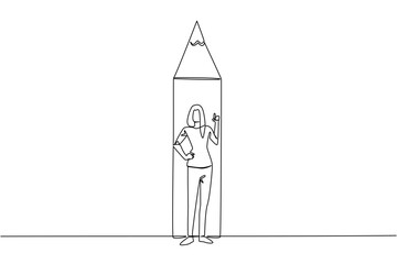Single one line drawing a woman standing in front of bottom end of pencil with a gesture. Binding the best ideas through writing. National Creativity Day. Continuous line design graphic illustration