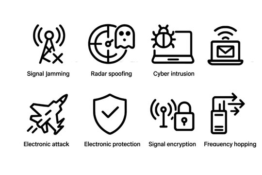 Electronic Warfare Icons. Outline icon set of electronic warfare operations: signal jamming, radar spoofing, cyber intrusion, data interception, electronic