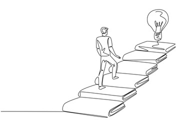 Single one line drawing a man walks on stairs made of books and a floating light bulb. Reading to find the best solution. Idea. National Creativity Day. Continuous line design graphic illustration © Simple Line