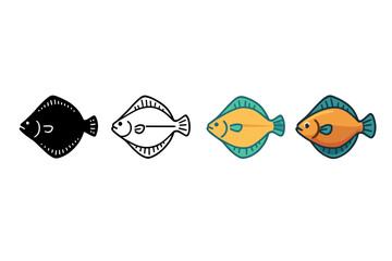 Halibut Icon Styles. Vector icon halibut flatfish same pose same proportions four styles black solid glyph outline minimal flat multicolor filled cartoon flat