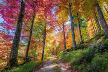 Fototapeta premium A vibrant trail winds through a forest, framed by colorful autumn foliage and sunlight