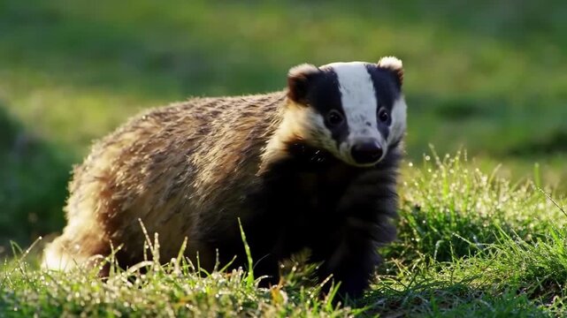 Curious badger exploring sunlit grassland in early morning light