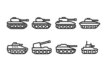 Tank Icons Set. Outline icon set of tank types: battle tank, light tank, heavy tank, amphibious tank, armored personnel carrier, self-propelled gun, tank