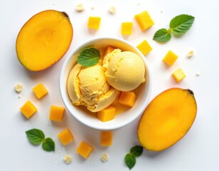 Scoops of mango ice cream served in bowl with fresh mango slices and mint leaves. Sweet tropical dessert arranged on white background. Refreshing summer treat.