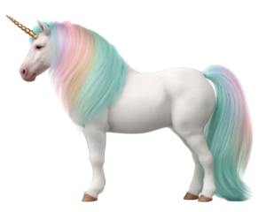 Graceful white unicorn with magical rainbow mane and tail. This fantasy animal element clipart represents mythical creature, photo realistic horse with golden horn
