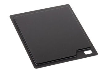 Matte black plastic panel with notch corner, likely used as an electronics cover, tray, or internal component shield.
