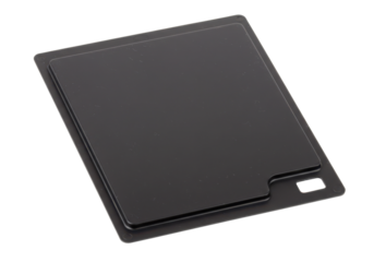 Matte black plastic panel with notch corner, likely used as an electronics cover, tray, or internal component shield.
