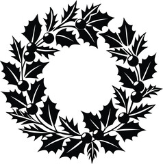 Minimal Christmas wreath silhouette with ribbon and festive details. Perfect for holiday cards, logos, decorations, and seasonal design projects. Clean single-color vector illustration.