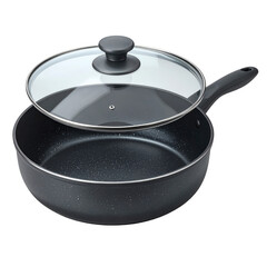 A modern, non-stick frying pan with a glass lid is displayed against a solid black background, offering a contemporary cooking aesthetic.