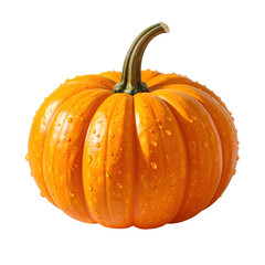 This photograph presents a round, vibrant orange pumpkin against a stark black background, featuring water droplets adorning its surface. The pumpkin's stem curves gracefully, highlighting its form.