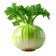 An isolated, spherical green vegetable with a smooth, ribbed exterior and vibrant green leafy top is featured.