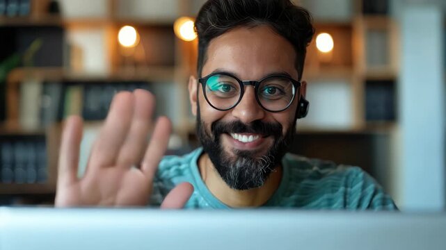 Smiling man in eyewear waving by laptop in cozy workspace environment