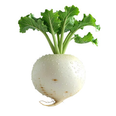 Freshly harvested, dew-covered white root vegetable with vibrant green leafy tops stands prominently against a stark black background, showcasing a healthy, organic specimen.