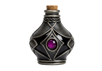 Ornate metal potion bottle with purple gemstone and cork top, ideal for fantasy games, cosplay, or magical scenes.
