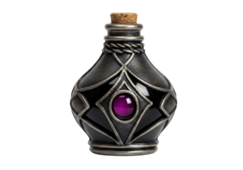 Ornate metal potion bottle with purple gemstone and cork top, ideal for fantasy games, cosplay, or magical scenes.
