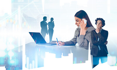 Woman in business attire on phone writing notes, with coworkers and laptop in modern office, overlaid with charts and cityscape, symbolizing teamwork