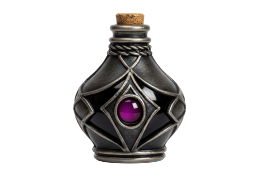 Ornate metal potion bottle with purple gemstone and cork top, ideal for fantasy games, cosplay, or magical scenes.
