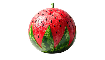A vibrant, detailed depiction presents a spherical object resembling a watermelon, showcasing red flesh with black seeds and green rind details against a contrasting black background.