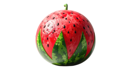 A vibrant, detailed depiction presents a spherical object resembling a watermelon, showcasing red flesh with black seeds and green rind details against a contrasting black background.