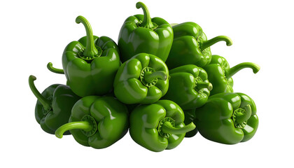A vibrant pile of fresh green bell peppers is presented against a stark black background, showcasing a collection of ripe, glossy vegetables.