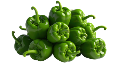 A vibrant pile of fresh green bell peppers is presented against a stark black background, showcasing a collection of ripe, glossy vegetables.