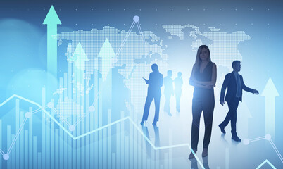 Confident businesswoman stands among professionals on digital world map background with upward arrows, charts and silhouettes, symbolizing success concept