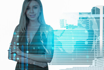Businesswoman standing confidently with arms crossed, overlaid with transparent digital graphics and globe, on white background, symbolizing global tech innovation