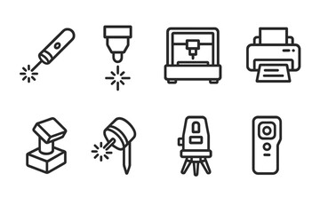 Laser Device Icons. Outline icon set of laser devices: laser pointer, laser cutter, laser engraver, laser printer, laser scanner, laser diode, laser level,