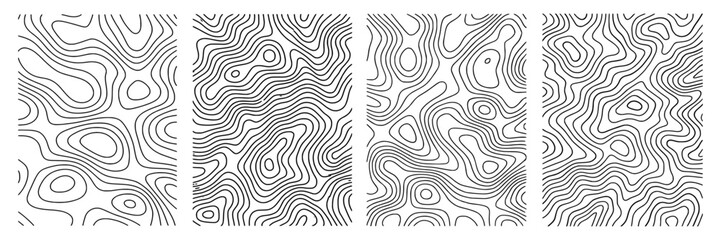 Abstract topographic contour line vector set featuring four unique panels with organic, flowing elevation patterns